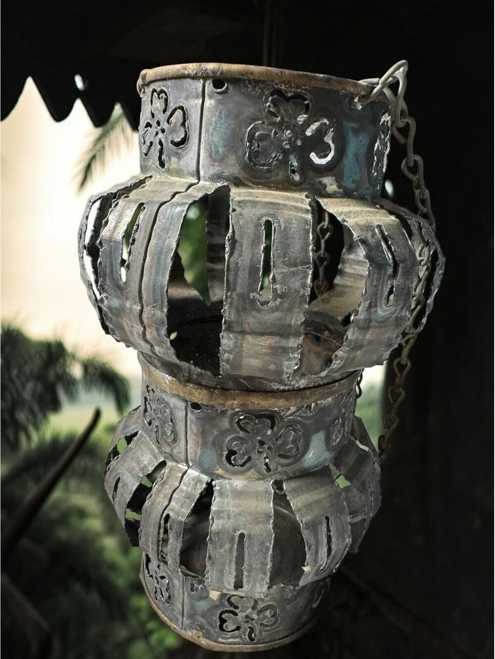 Antique Punched Tin Candle With Shamrocks Hanging Lantern Light Primitive 8”x5